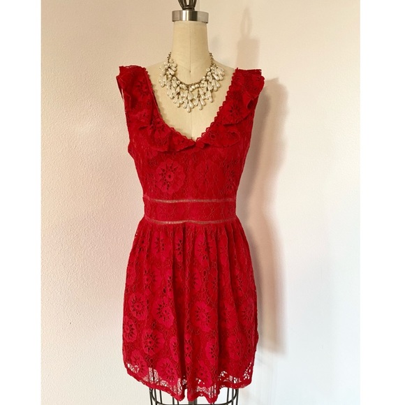 Speechless Dresses & Skirts - Red Lace Ruffle V-Neck Sleeveless dress